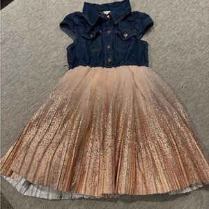 Chic Denim and Glittery Gold Kids Dress